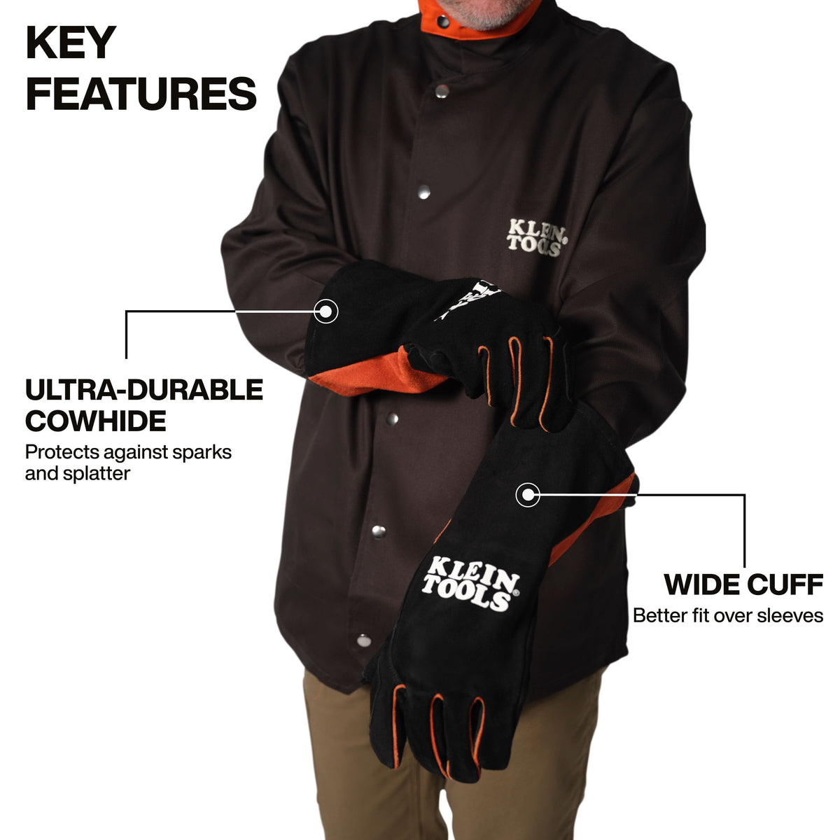 A marketing infographic showing a professional welder wearing the Klein Tools MIG gloves. Text callouts highlight the ultra-durable cowhide construction for protection against sparks and molten splatter, along with the wide cuff design for a better fit over protective welding sleeves.