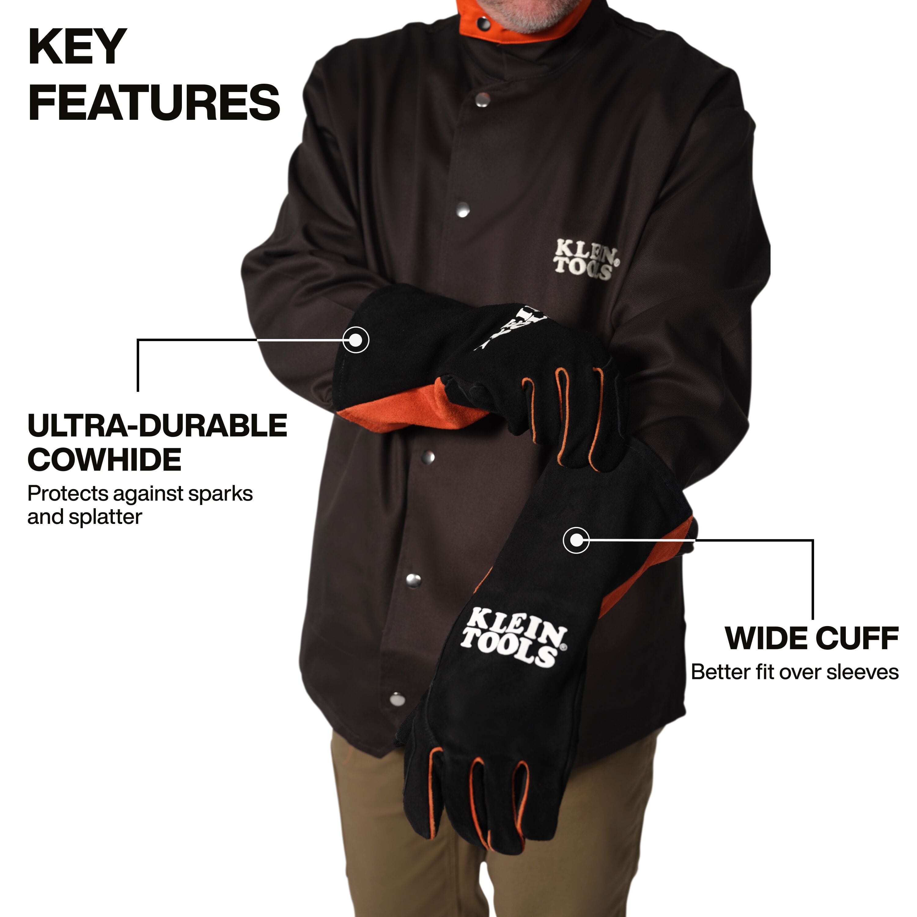 A marketing infographic showing a professional welder wearing the Klein Tools MIG gloves. Text callouts highlight the ultra-durable cowhide construction for protection against sparks and molten splatter, along with the wide cuff design for a better fit over protective welding sleeves.