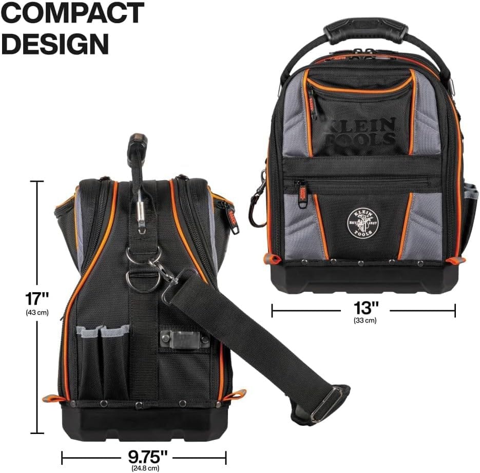 Infographic displaying the tool bag's dimensions as 17 inches high, 13 inches wide, and 9.75 inches deep, labeled as Compact Design.