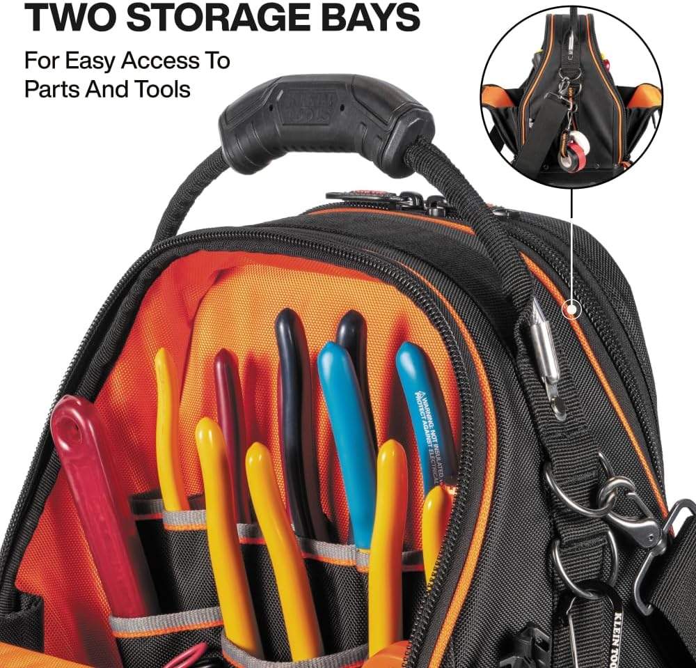 Close-up of the open tool bay filled with pliers and screwdrivers, highlighting the two storage bays for easy access to parts and tools.