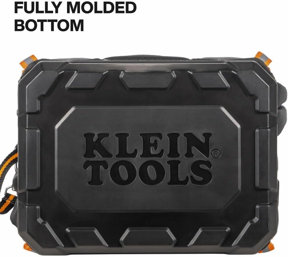 View of the bottom of the bag showing the fully molded hard black base with an embossed Klein Tools logo.