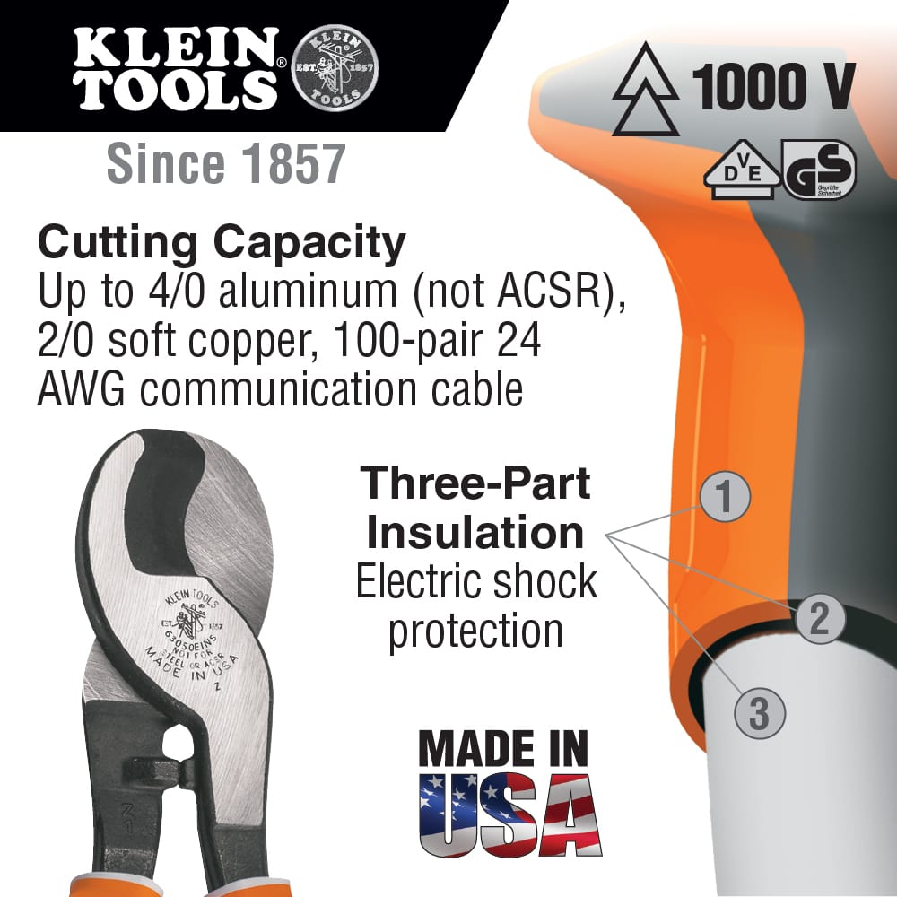 An infographic for the 63013 insulated cutter highlighting the 1000V rating and VDE certification, listing a cutting capacity of 4/0 aluminum, 2/0 soft copper, and 100-pair 24 AWG communication cable, alongside a diagram of the three-part insulation system for electric shock protection.