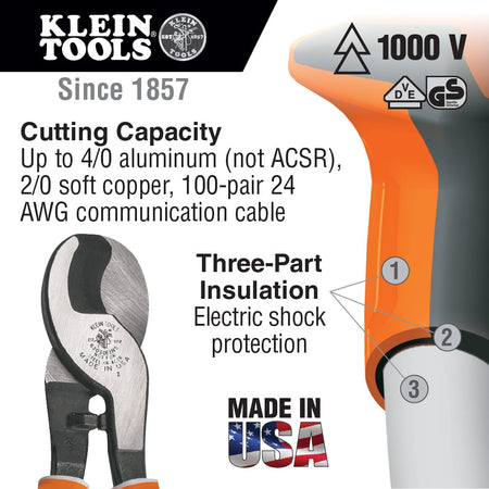 An infographic for the 63013 insulated cutter highlighting the 1000V rating and VDE certification, listing a cutting capacity of 4/0 aluminum, 2/0 soft copper, and 100-pair 24 AWG communication cable, alongside a diagram of the three-part insulation system for electric shock protection.