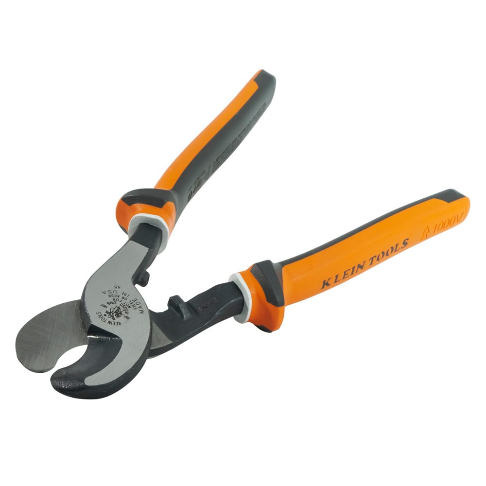 A perspective view of the one-handed insulated cable cutter in an open position, emphasizing the precision-ground shear blades and the durable molded insulation designed for electrical work in confined spaces.