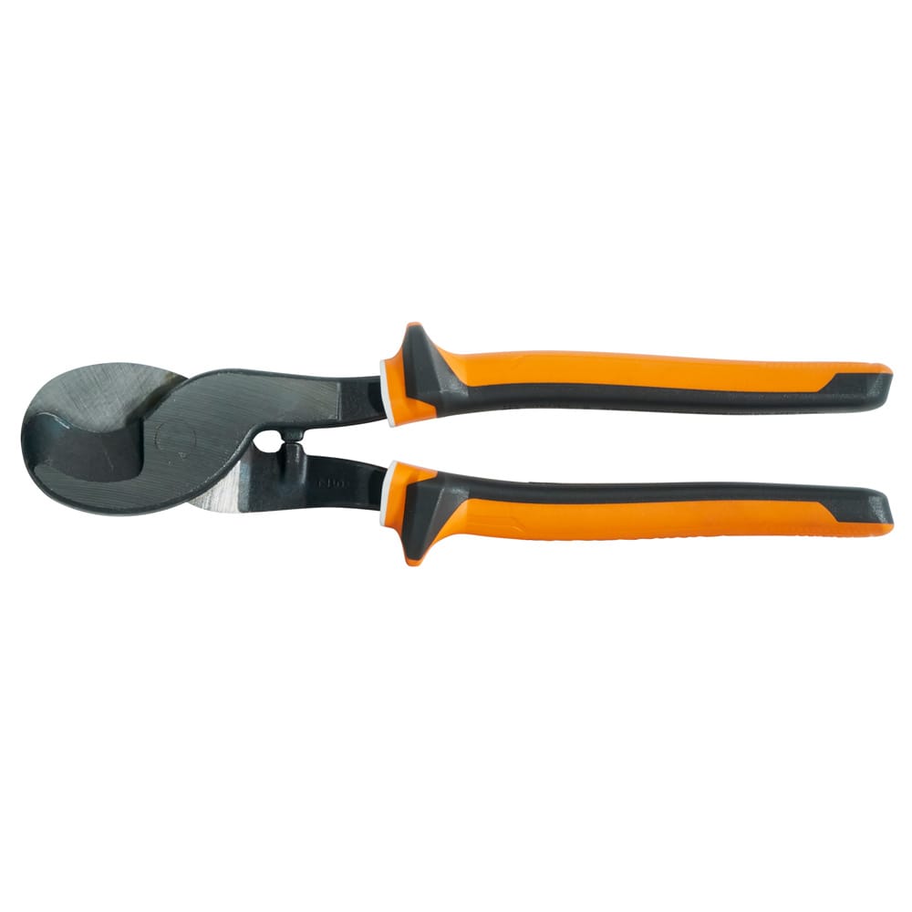 A top-down view of the 1000V insulated cable cutter, showcasing the hot-riveted joint for smooth action and the ergonomic, flame-retardant handle grips engineered for professional safety and control.