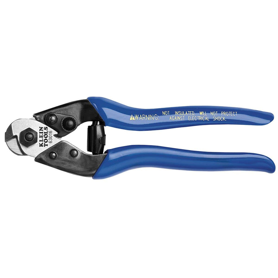 A professional side profile of the Klein Tools 63016 heavy-duty cable shears, featuring blue plastic-dipped handles and specialized triangular forged steel jaws designed to cut ACSR and steel cable without compression.