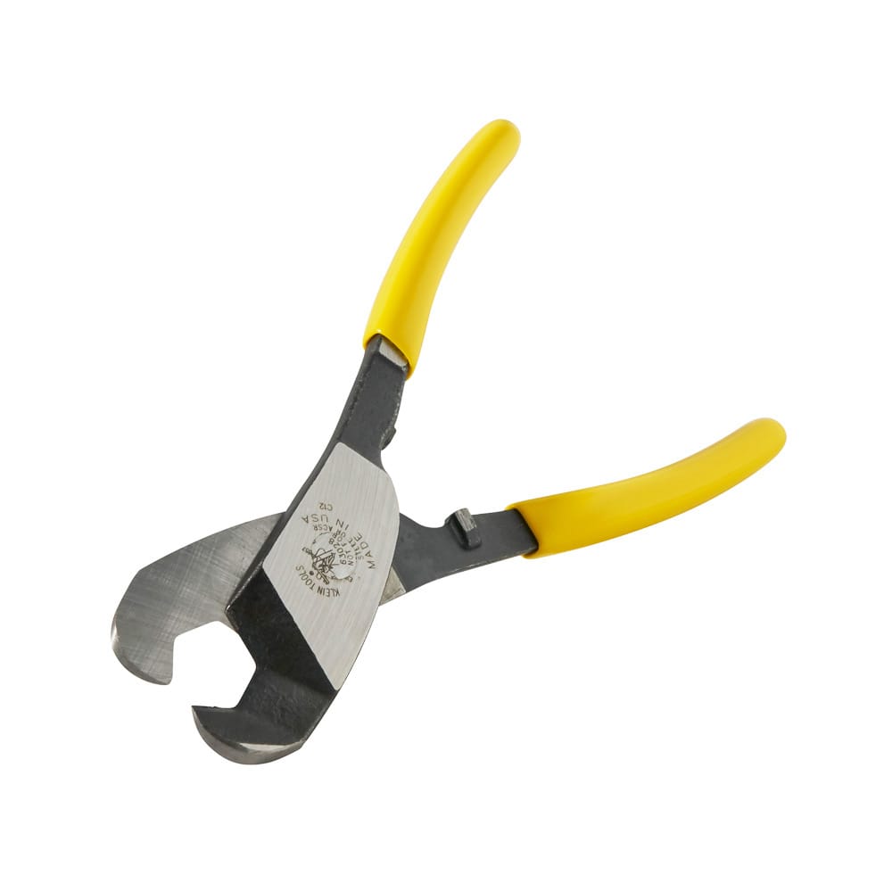 A perspective view of the 63028 coaxial cable cutter in an open position, showcasing the precision-ground shear blades and the hot-riveted joint engineered for smooth, non-compression cutting of aluminum and copper coax.