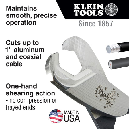 An infographic for the 63030 cable cutter highlighting its smooth, precise operation and 1-inch cutting capacity for aluminum and coaxial cable, emphasizing the one-hand shearing action that prevents compression or frayed ends.