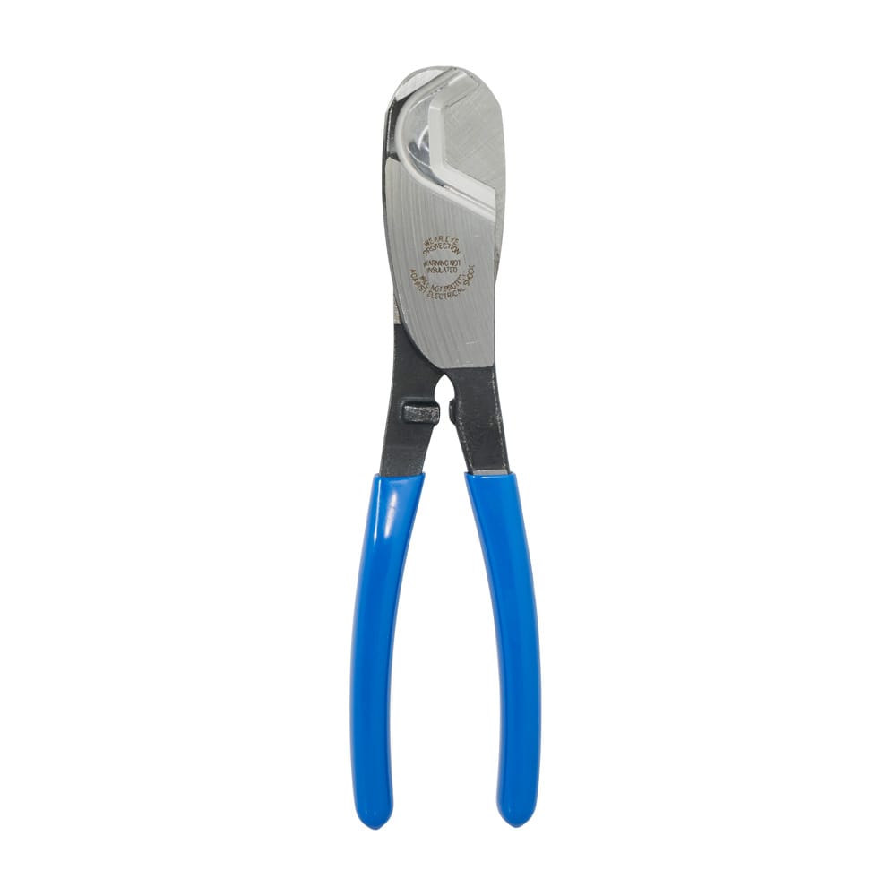 A front-facing view of the Klein Tools coaxial cutter in a closed position, showcasing the high-leverage handle design and the safety warnings stamped into the forged steel head for professional jobsite use.