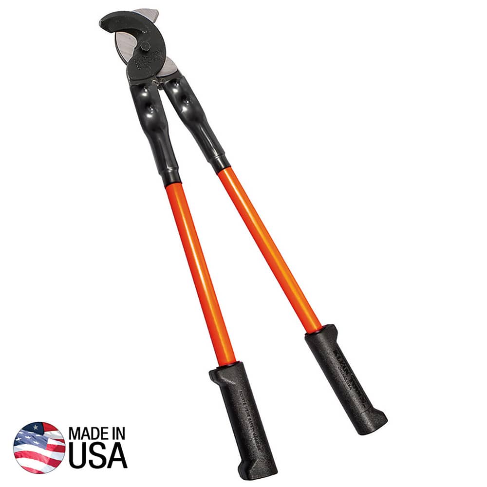 A full-length professional product shot of the Klein Tools 25-inch cable cutter, featuring high-strength orange fiberglass handles, ergonomic black vinyl grips, and forged tool steel hook-jaw blades with a black-oxide finish for industrial electrical applications.