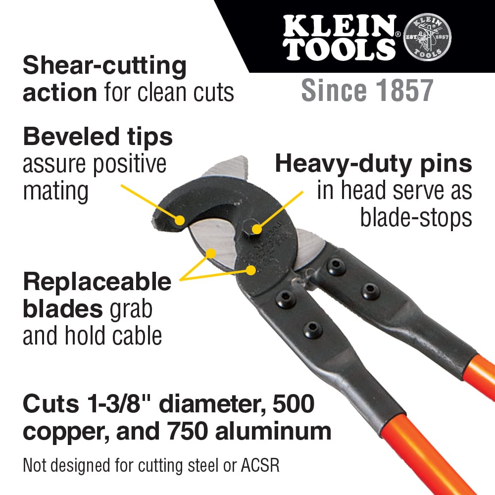 An infographic for the 63041 cable cutter highlighting its shear-cutting action for clean cuts, beveled tips for positive mating, and replaceable blades, with a specified capacity of 1-3/8-inch diameter for 500 MCM copper and 750 MCM aluminum.