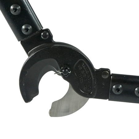 Close-up view of the Klein Tools cable cutter jaws in an open position, illustrating the hook-jaw geometry designed to grab and hold large-diameter soft copper and aluminum cable during the shear-cutting process.