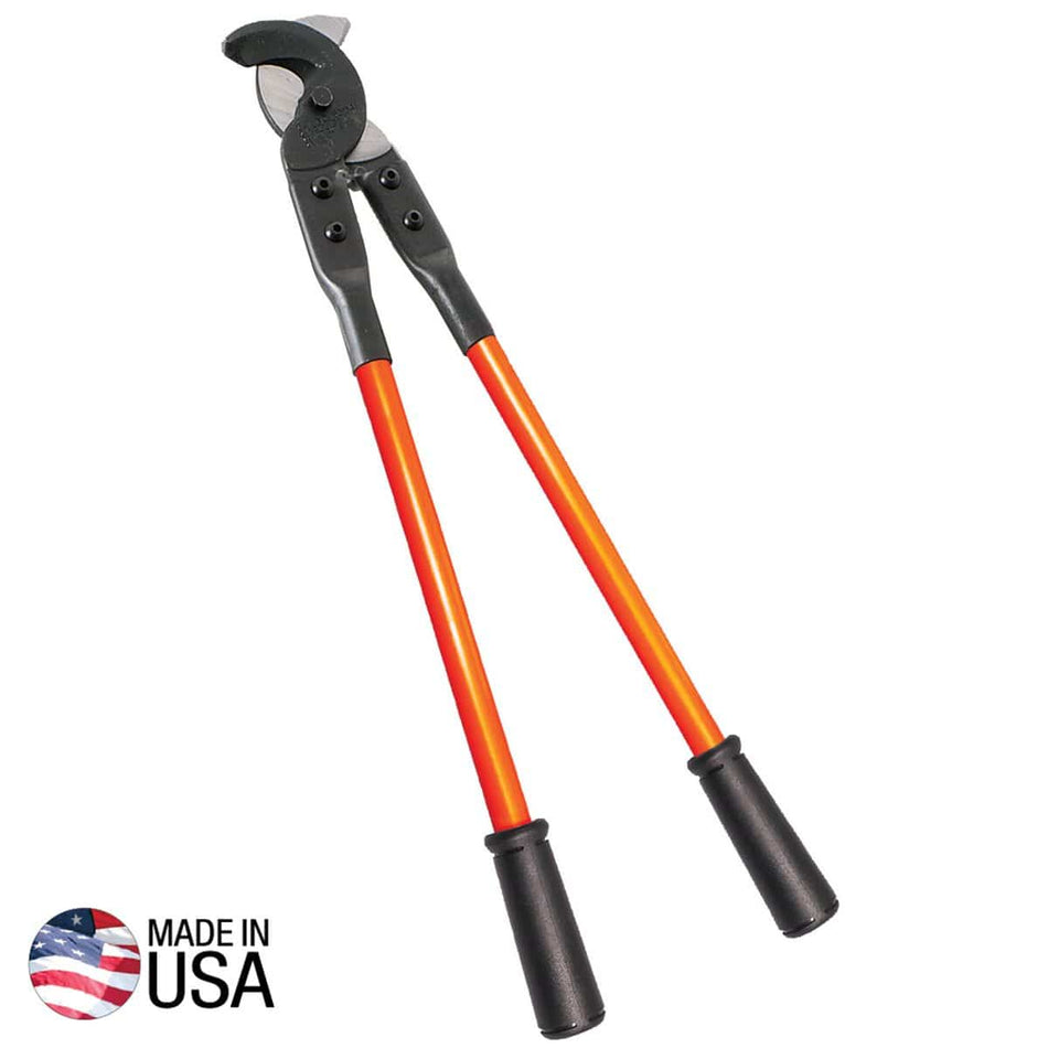 A full-length professional product shot of the Klein Tools 63045 32-inch standard cable cutter, featuring high-leverage orange fiberglass handles, ergonomic black vinyl grips, and forged tool steel hook-jaw blades with a black-oxide finish, with a Made in USA logo.