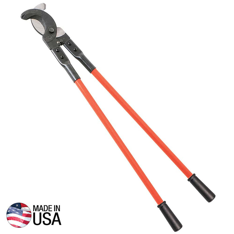 A full-length professional product shot of the Klein Tools 63047 37-inch communications cable cutter, featuring high-leverage orange fiberglass handles, ergonomic black vinyl grips, and forged steel hook-jaw blades designed for large-diameter telecommunications cable, with a Made in USA logo.