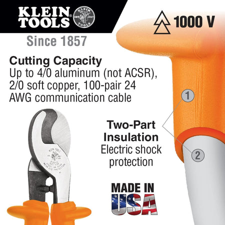 An infographic for the 63050-INS insulated cutter highlighting the 1000V rating and listing a cutting capacity of 4/0 aluminum, 2/0 soft copper, and 100-pair 24 AWG communication cable, alongside a diagram showing the two-part insulation system for electric shock protection.