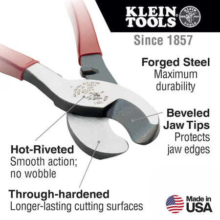 An infographic for the 63050 cable cutter highlighting its forged steel construction for maximum durability, beveled jaw tips to protect edges, and a hot-riveted joint for smooth action without wobble, noting the through-hardened cutting surfaces.