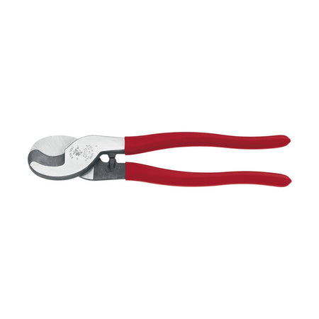 A clean side profile of the Klein Tools cable cutter in a closed position, showcasing the compact design and the precision-ground shear-type jaws optimized for cutting aluminum, copper, and communications cable.