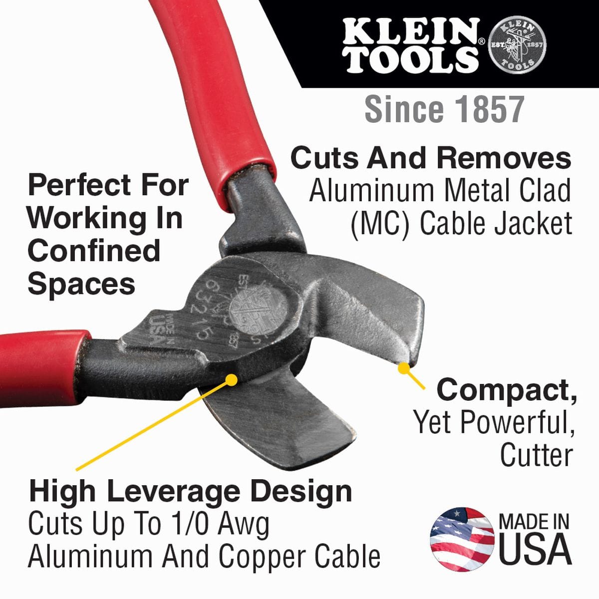 An infographic for the 63215 cable cutter highlighting its high-leverage design for cutting up to 1/0 AWG aluminum and copper cable, and its ability to cut and remove aluminum Metal Clad (MC) cable jackets in confined spaces.