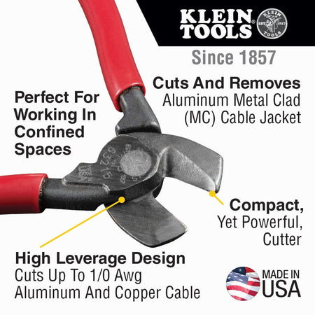 An infographic for the 63215 cable cutter highlighting its high-leverage design for cutting up to 1/0 AWG aluminum and copper cable, and its ability to cut and remove aluminum Metal Clad (MC) cable jackets in confined spaces.
