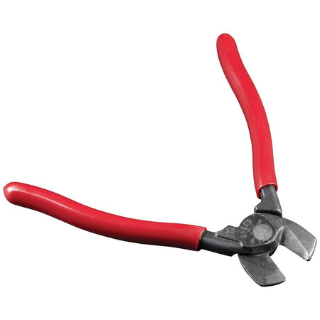 An angled profile view of the high-leverage compact cutter, emphasizing the precision-machined American tool steel construction and the durable red plastic-dipped grips for professional use.