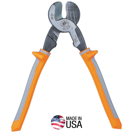 A professional front-facing profile of the Klein Tools 63225RINS 9-inch insulated cable cutter, featuring high-leverage forged steel jaws and dual-layer orange and gray 1000V rated handles, with a Made in USA logo.
