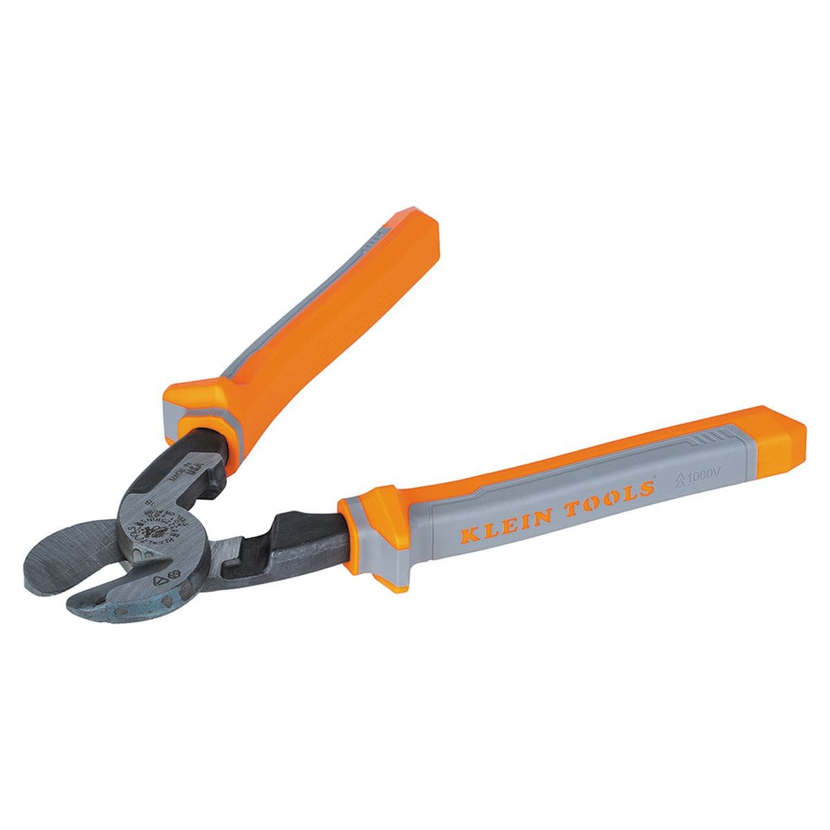 A perspective view of the 63225RINS insulated high-leverage cable cutter in an open position, emphasizing the ergonomic handle geometry and the flame-retardant, impact-resistant orange and gray insulation.