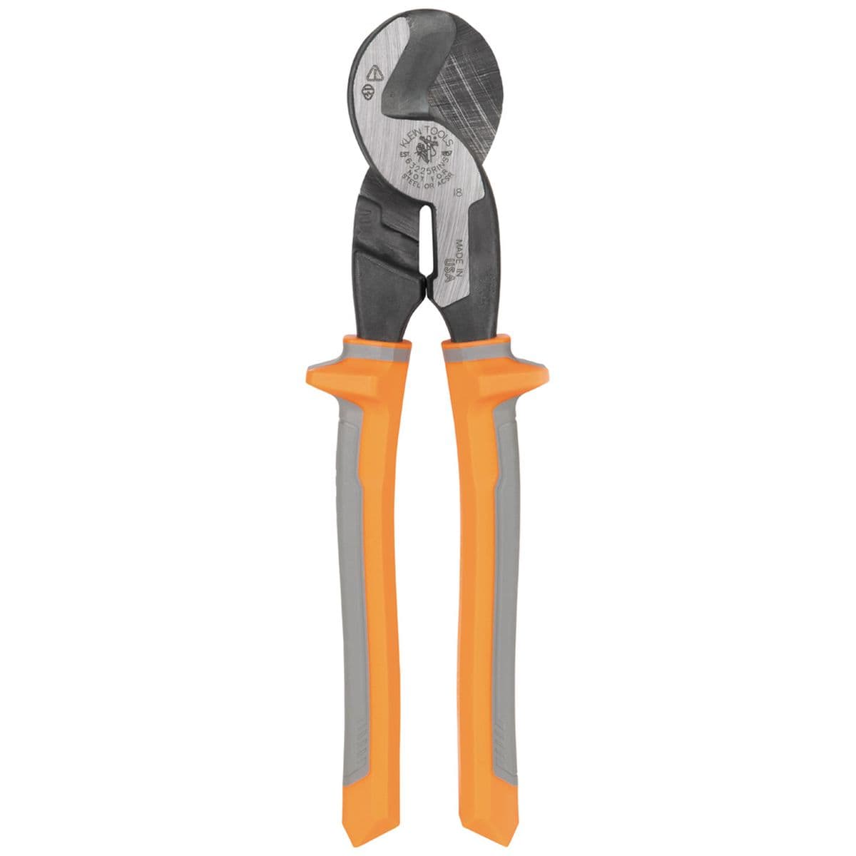 A clean side profile of the 9-inch insulated cable cutter, highlighting the streamlined design for use in confined spaces and the integrated hand guards designed to prevent contact with conductive parts.