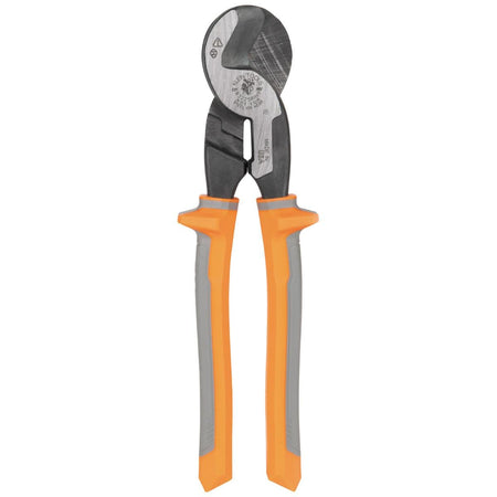 A clean side profile of the 9-inch insulated cable cutter, highlighting the streamlined design for use in confined spaces and the integrated hand guards designed to prevent contact with conductive parts.