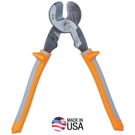 A high-resolution product shot of the Klein Tools 63225RINS insulated cable cutter against a white background, featuring the dual-material 1000V handles and the Made in USA logo.