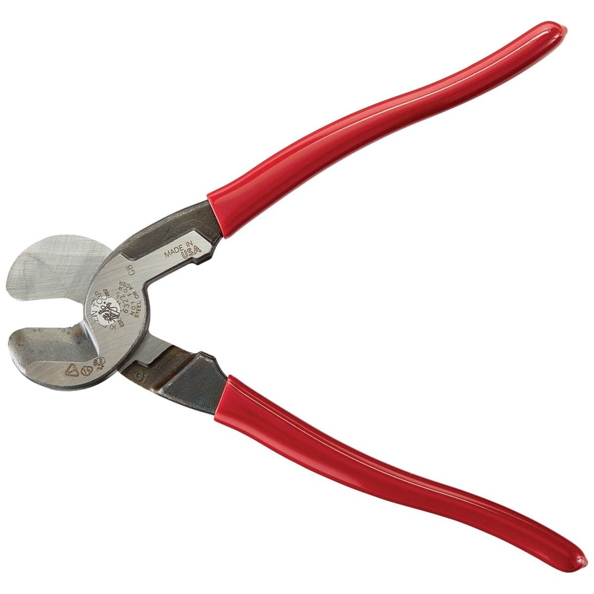 A technical view of the 63225 cable cutter with handles fully spread, showcasing the robust hot-riveted joint that ensures smooth action and permanent handle alignment without wobble.