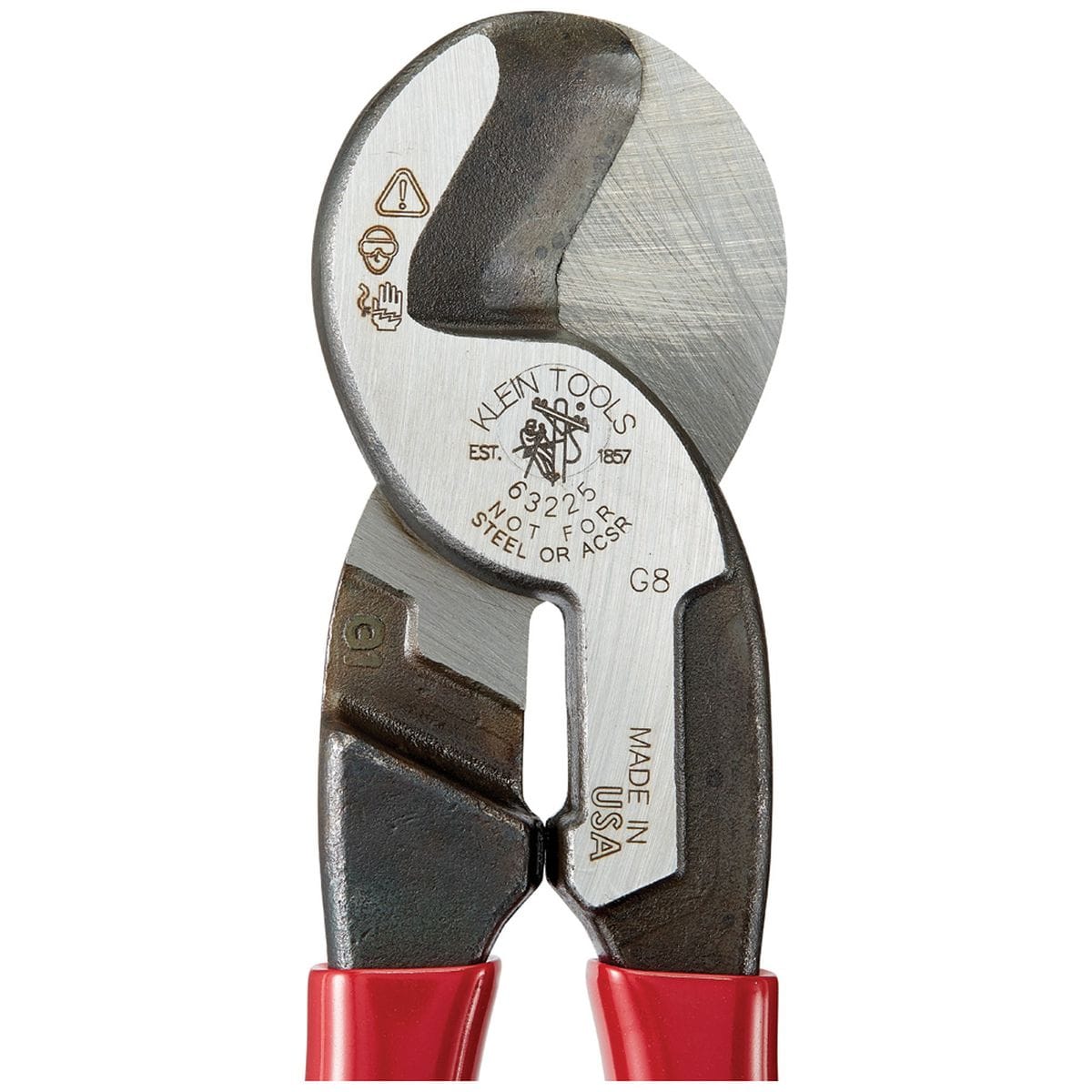 A detailed macro shot of the forged steel jaw head, highlighting the precision-machined shearing surfaces and the official laser-etched Klein Tools branding and "Made in USA" certification.