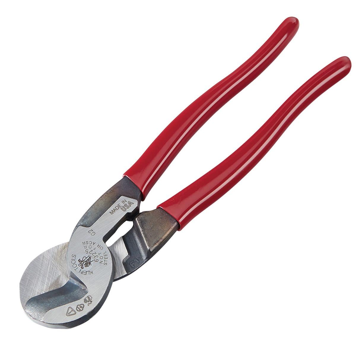 A top-down view of the high-leverage cable cutter against a white background, highlighting the streamlined industrial design and the durable red plastic-dipped grips for maximum comfort.
