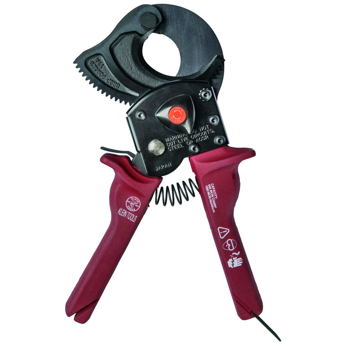 A perspective view of the 63601 ratcheting cutter with handles partially spread, highlighting the internal spring-loaded action and the protective hand guards molded into the ergonomic red grips.