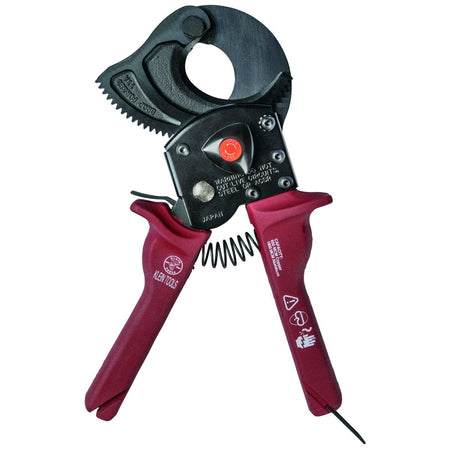 A perspective view of the 63601 ratcheting cutter with handles partially spread, highlighting the internal spring-loaded action and the protective hand guards molded into the ergonomic red grips.