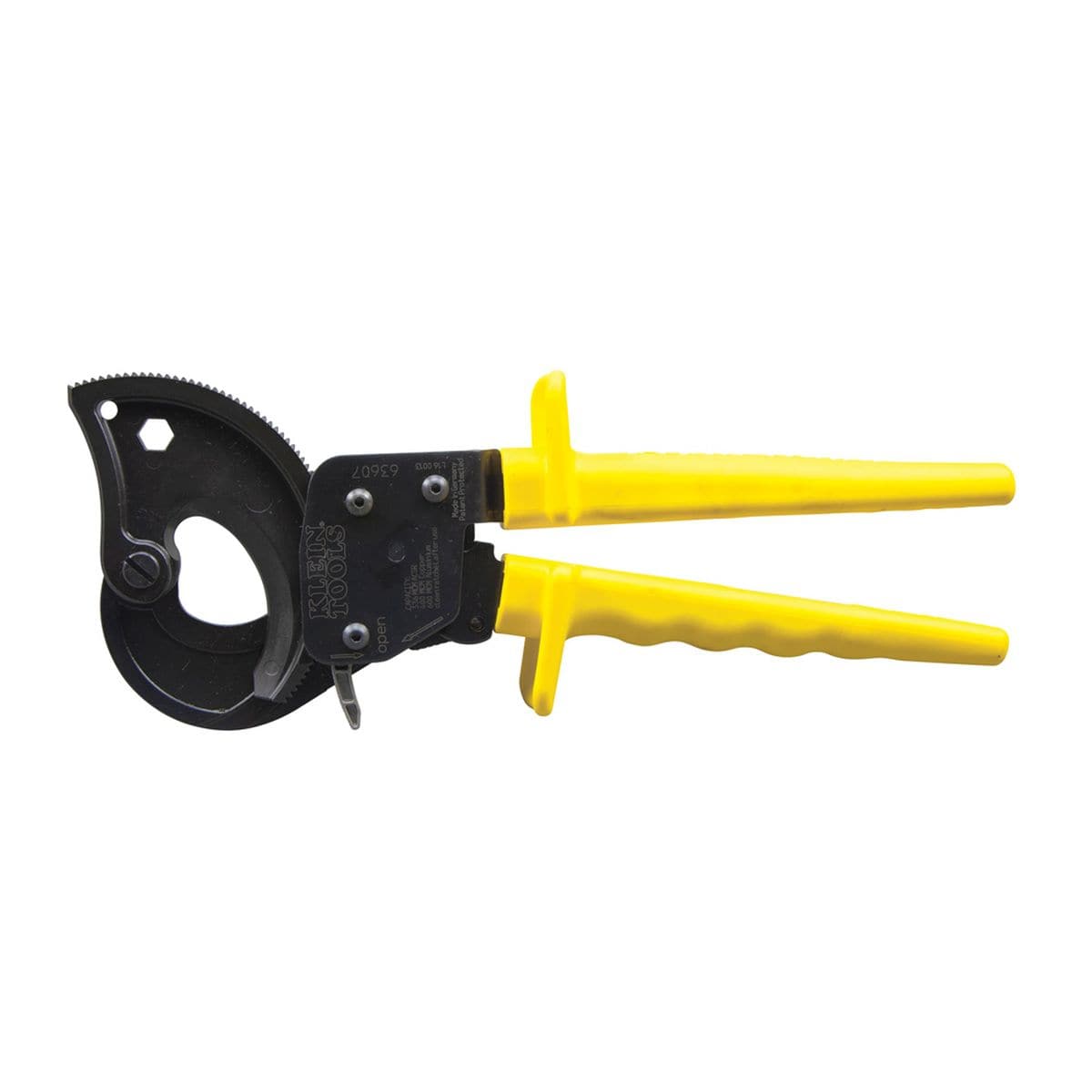 A professional product shot of the Klein Tools 63047 37-inch communications cable cutter, featuring high-leverage orange fiberglass handles, ergonomic black vinyl grips, and forged steel hook-jaw blades, with a Made in USA logo.