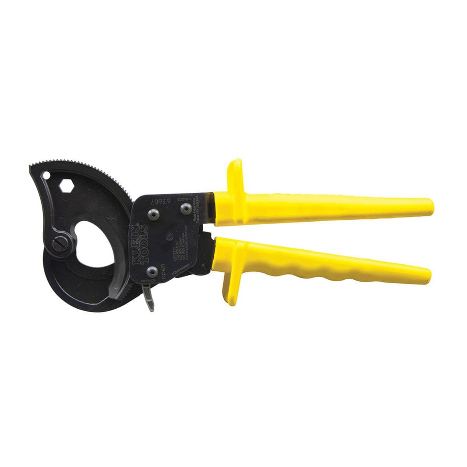 A professional product shot of the Klein Tools 63047 37-inch communications cable cutter, featuring high-leverage orange fiberglass handles, ergonomic black vinyl grips, and forged steel hook-jaw blades, with a Made in USA logo.