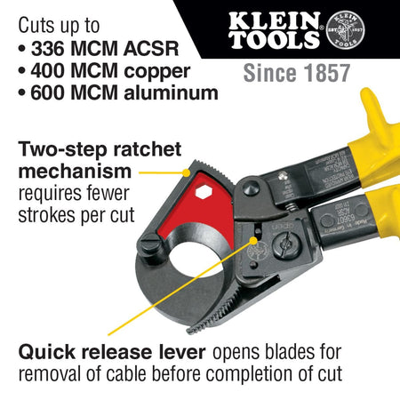 An infographic for the 63607 ratcheting cutter highlighting its capacity to cut up to 336 MCM ACSR, 400 MCM copper, and 600 MCM aluminum, featuring a two-step ratchet mechanism and a quick-release lever.