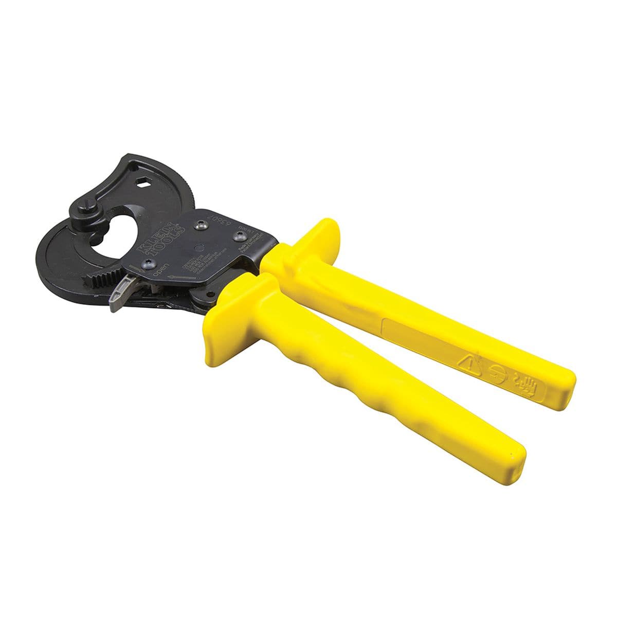A perspective view of the 10.25-inch ratcheting ACSR cutter laying flat, showcasing the compact industrial design and ergonomic yellow grips engineered for professional single-handed operation.