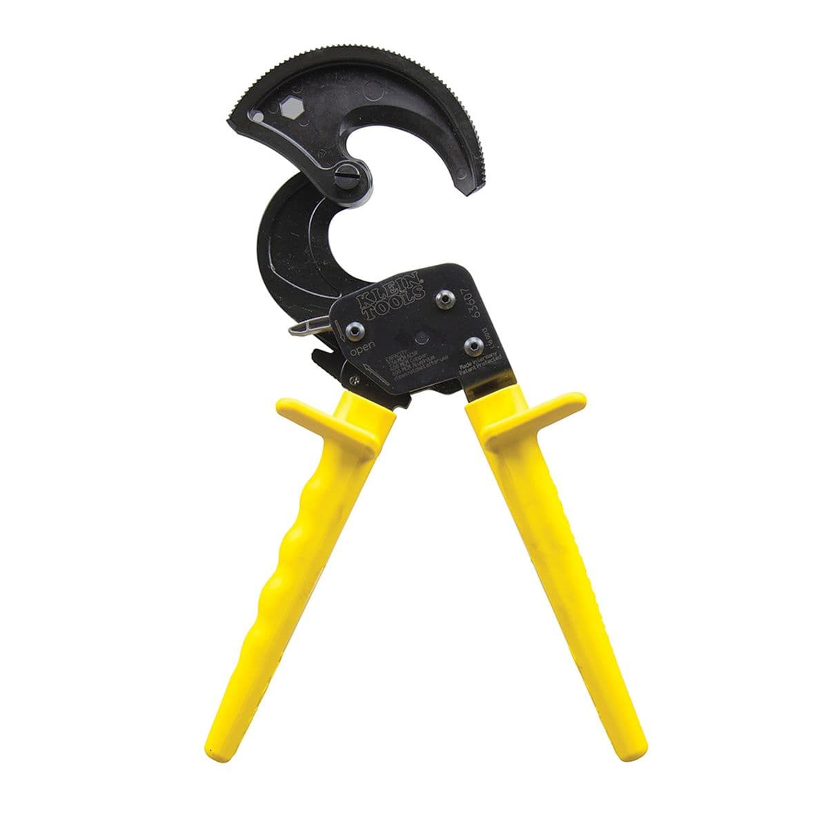 A technical view of the 63607 cutter with jaws in an open position, illustrating the high-leverage ratcheting gears and the hardened steel blades designed to shear through reinforced steel-core cables.