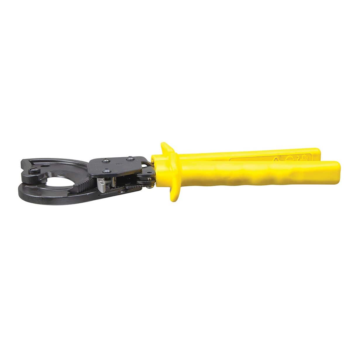 A side-view profile of the ratcheting ACSR cutter in a closed position, showcasing the integrated locking lever that keeps the handles secure for safe transport and storage.