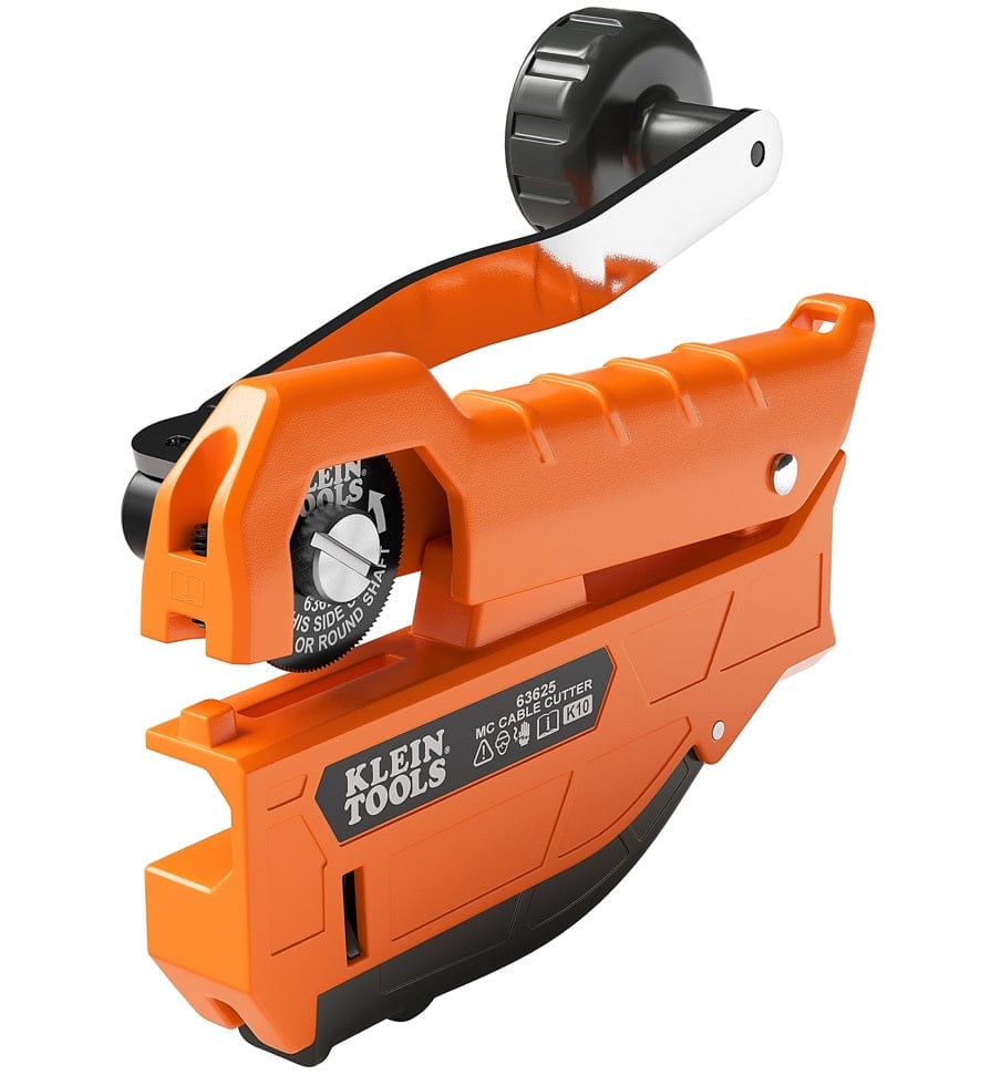 Studio view of the orange Klein Tools MC cable cutter featuring a black crank handle and cutting slot for armored cable.