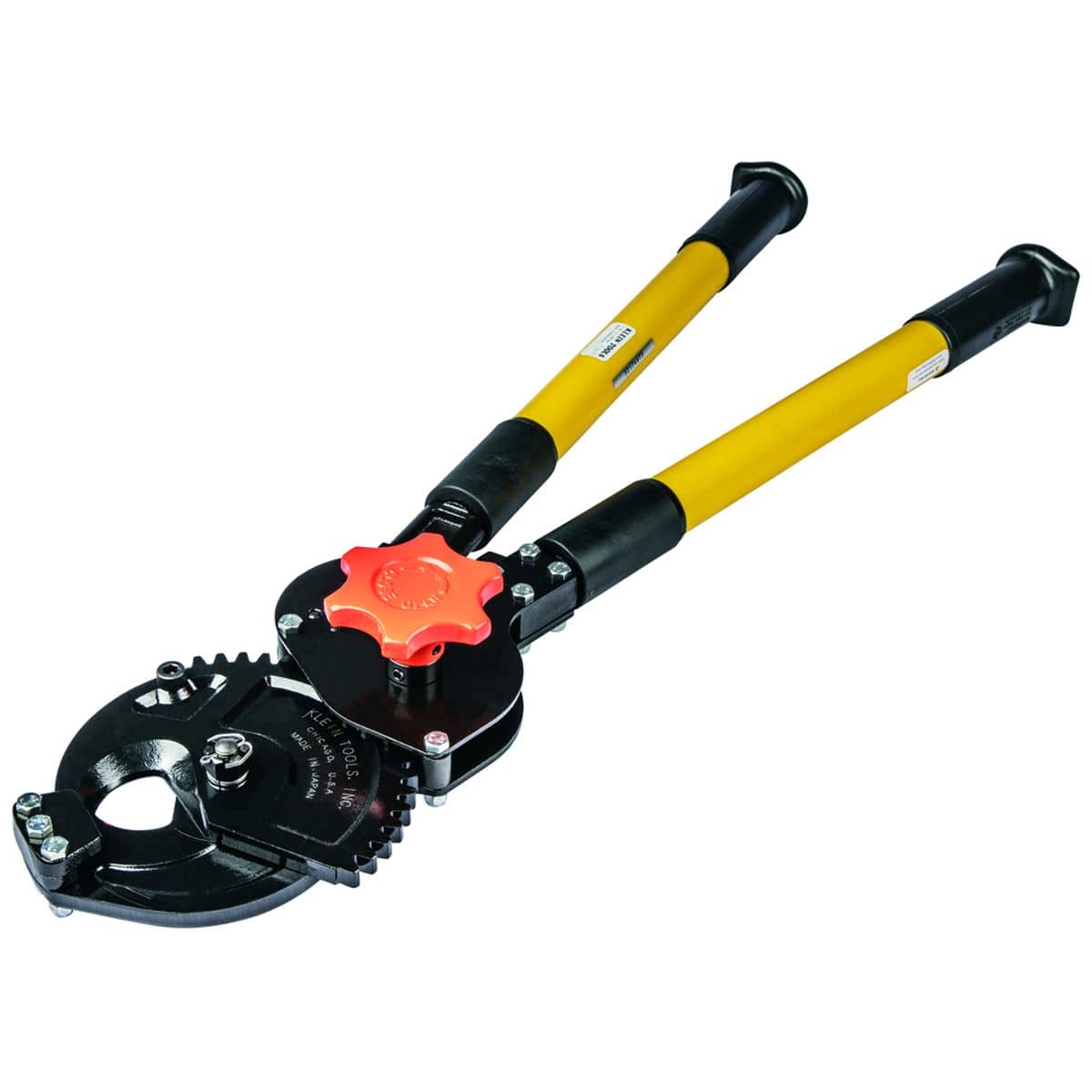 A perspective view of the 63700 ratcheting cutter laying flat, emphasizing the heavy-duty gear-driven mechanism and the high-leverage handles designed for shearing through ACSR, steel wire rope, and soft copper or aluminum cable.