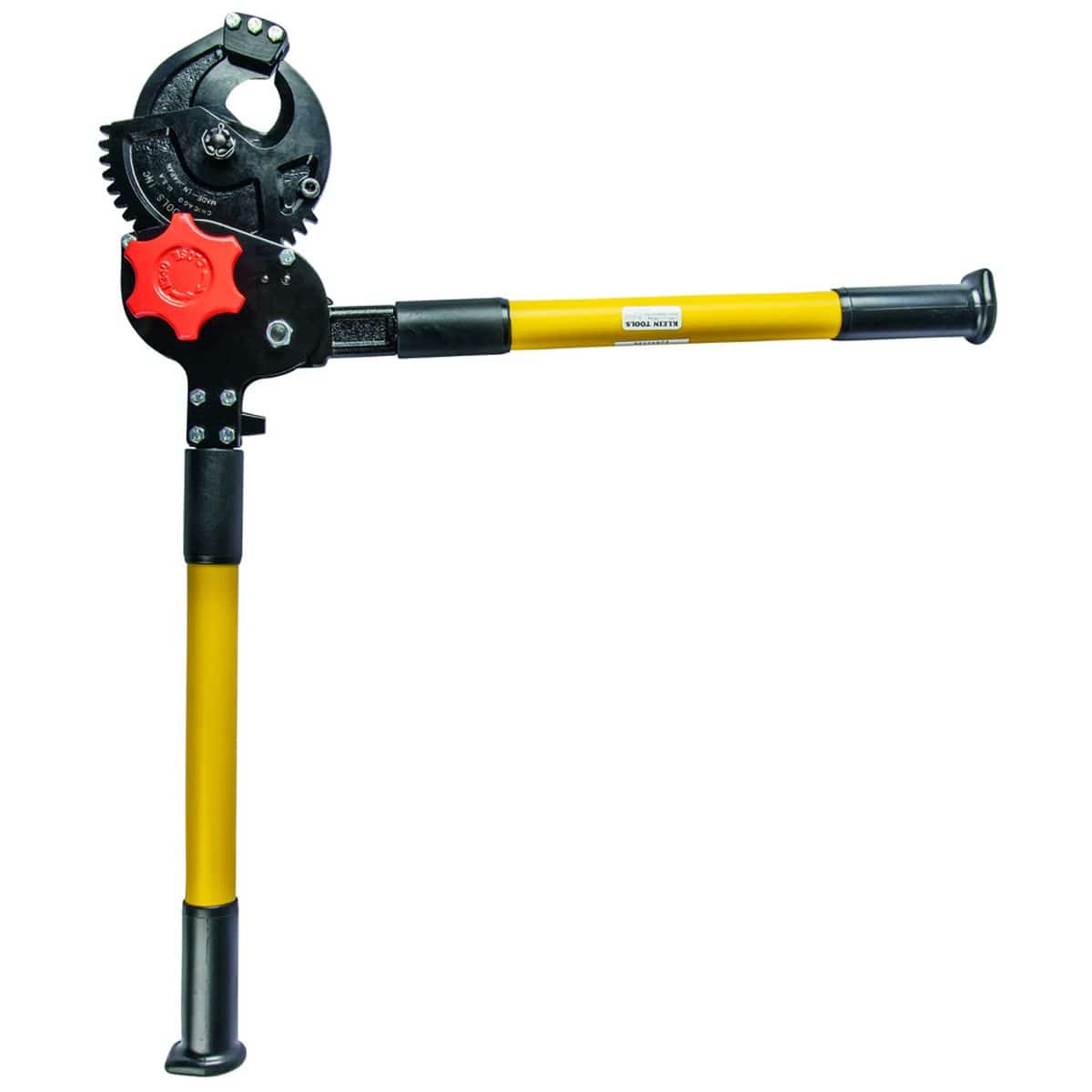 Technical view showing the ratcheting cutter with handles positioned at a 90-degree angle, illustrating the incremental mechanical action that allows for high-force cutting with minimal physical effort in confined spaces.