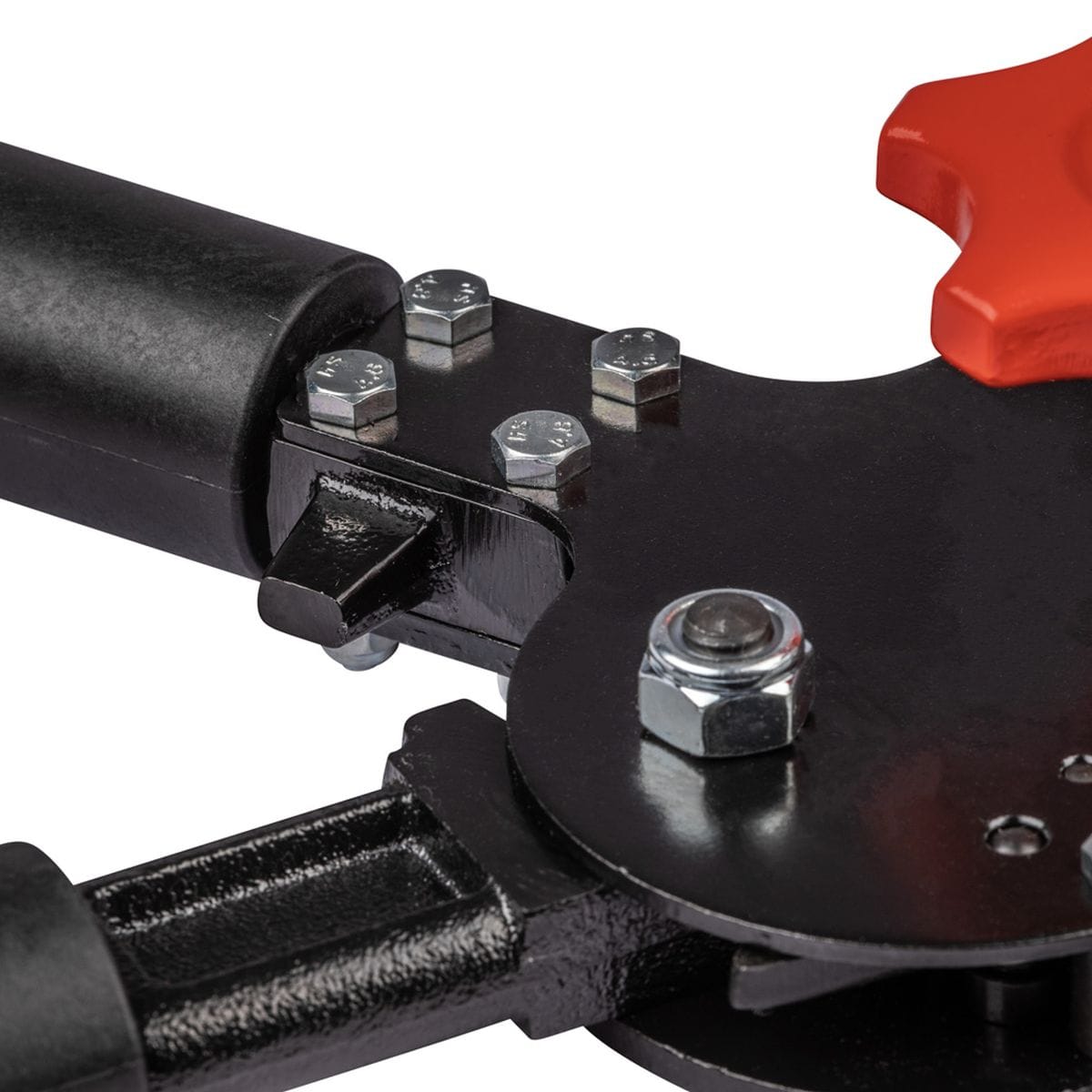 Close-up detail of the industrial pivot assembly on the Klein Tools 63700, showcasing the heavy-duty bolts and reinforced steel plates engineered to maintain blade alignment during high-capacity shearing tasks.