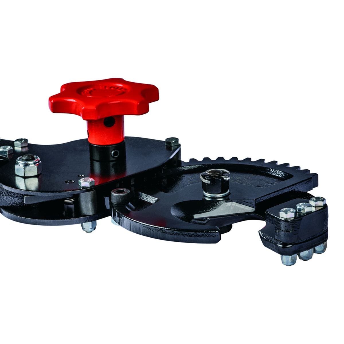 Side profile focusing on the red blade-advance knob, demonstrating the manual adjustment feature used to quickly rotate the blade and engage the material before initiating the ratcheting cycle.