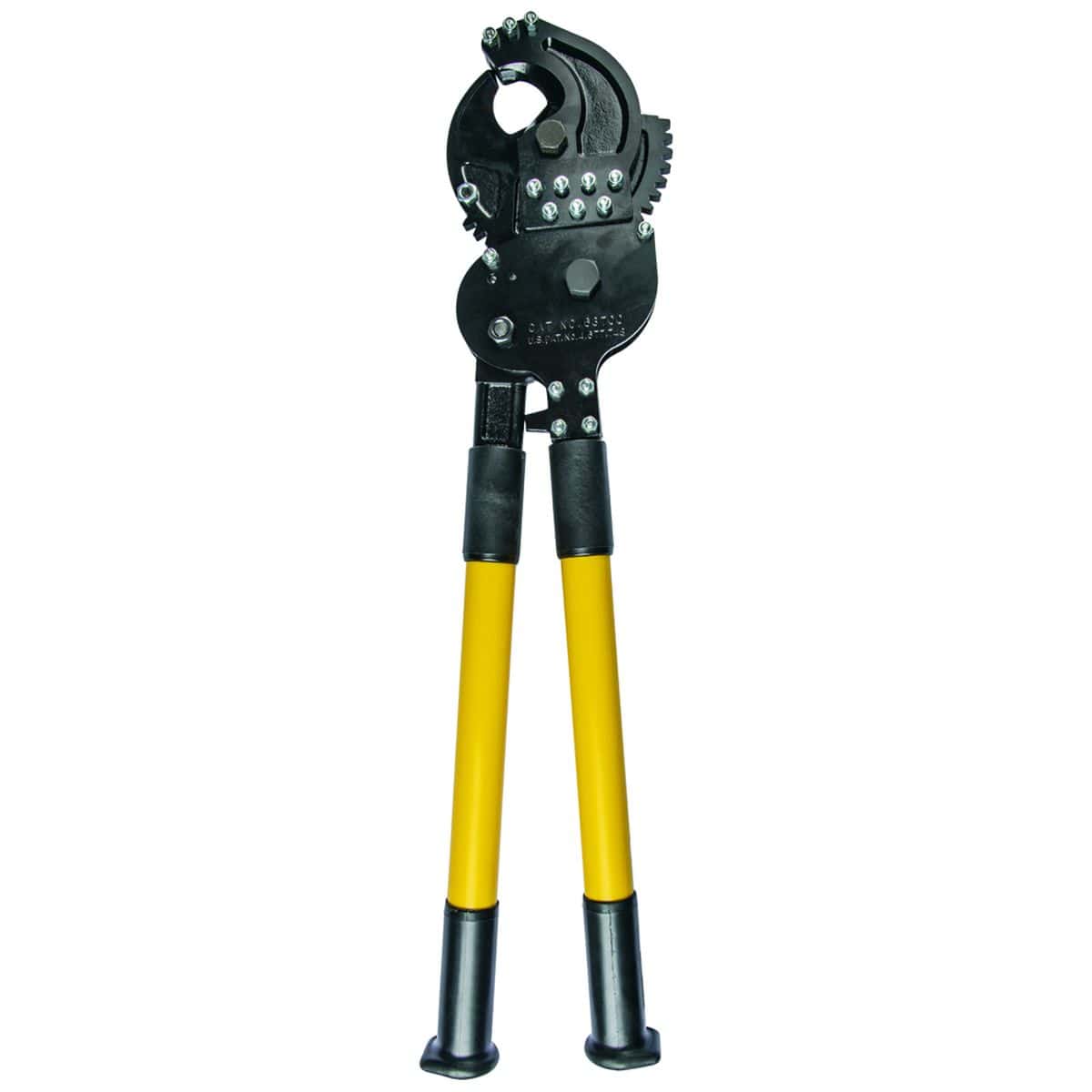 A professional front-facing product shot of the 28-inch ratcheting cutter, showcasing the rugged industrial design and the specialized blades capable of cutting 1-1/4 inch ACSR and 5/8 inch steel wire rope.