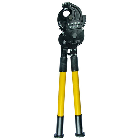 A professional front-facing product shot of the 28-inch ratcheting cutter, showcasing the rugged industrial design and the specialized blades capable of cutting 1-1/4 inch ACSR and 5/8 inch steel wire rope.