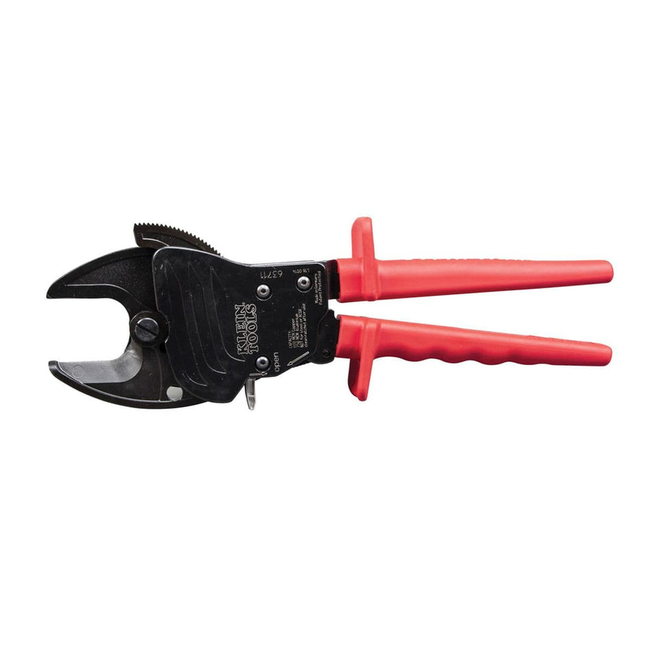 A professional side profile of the Klein Tools 63711 open-jaw ratcheting cable cutter, featuring high-visibility red handles with integrated hand guards and a specialized front-loading black-oxide jaw designed for tight electrical panels.