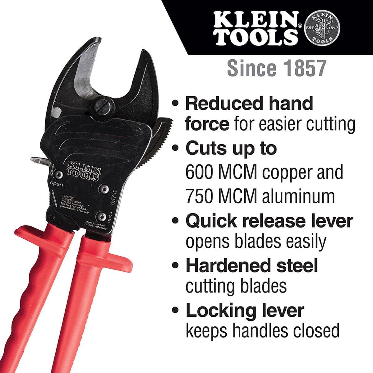 An infographic for the 63711 cable cutter highlighting key benefits: reduced hand force for easier cutting, a capacity for 600 MCM copper and 750 MCM aluminum, a quick-release lever, hardened steel blades, and a locking lever for storage.