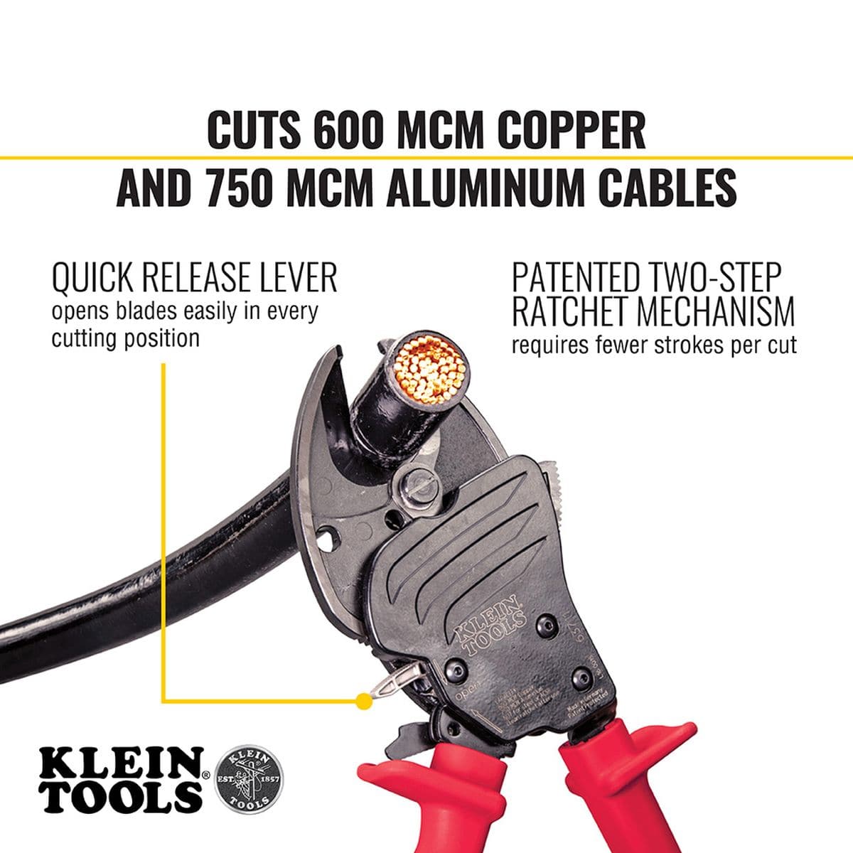 A detailed diagram demonstrating the 63711 in action, emphasizing the patented two-step ratchet mechanism that requires fewer strokes and the front-loading open jaw that allows for quick engagement with large-diameter conductors.